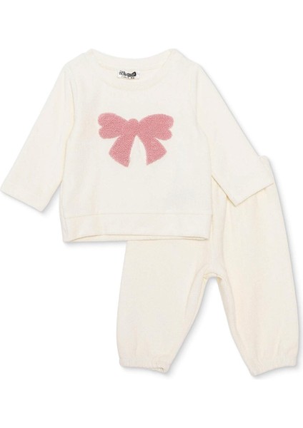 Kız Bebek Kadife Pijama Takımı Bisiklet Yaka Uzun Kol Ribanalı Paça