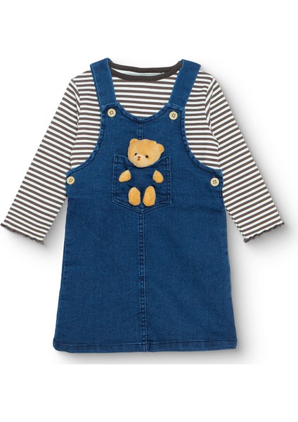 Kız Bebek Teddy Bear Elbise Tshirt Denim Bisiklet Yaka Uzun Kol