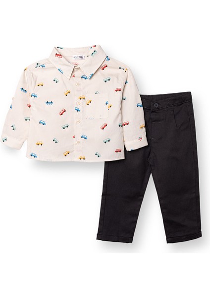 Erkek Bebek Gömlek-Pantolon Poplin Gömlek Yaka Uzun Kol Reçme Paça