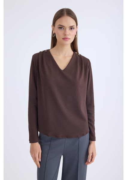 V Yaka Omuzu Düğmeli Uzun Kol Bluz