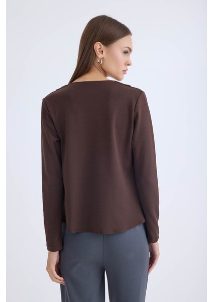 V Yaka Omuzu Düğmeli Uzun Kol Bluz indirimleri