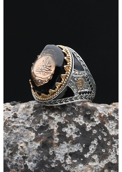 925 Ayar Gümüş Erkek Yüzük Hasbiyallah Yazılı (Allah Bana Yeter) Sıkma Kehribar Taşlı 902344