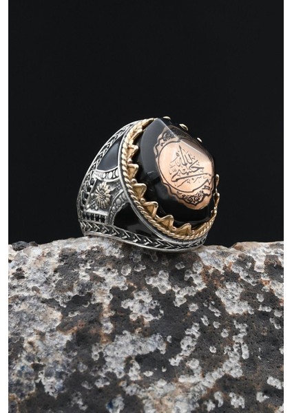 925 Ayar Gümüş Erkek Yüzük Hasbiyallah Yazılı (Allah Bana Yeter) Sıkma Kehribar Taşlı 902344 modelleri