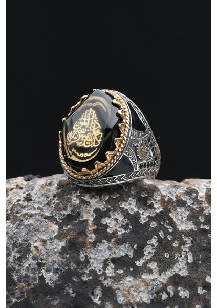 925 Ayar Gümüş Erkek Yüzük Sıkma Kehribar Taşlı Her Can Ölümü Tadacaktır Yazlı 902345 modelleri