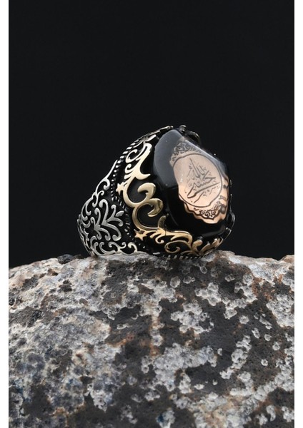 Erkek Yüzük 925 Ayar Gümüş Hasbiyallah Yazılı (Allah Bana Yeter) Sıkma Kehribar Taşlı 902346 fırsatları