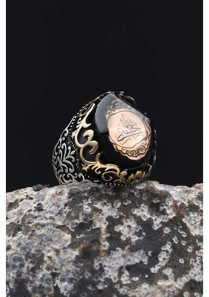 Erkek Yüzük 925 Ayar Gümüş Hasbiyallah Yazılı (Allah Bana Yeter) Sıkma Kehribar Taşlı 902346 indirimleri