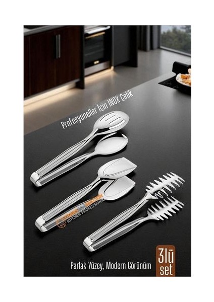 3’lü Inox Çelik Mutfak Maşa Seti Makarna Pasta Salata Çok Amaçlı Maşa 3 Lü Set