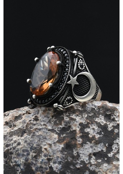 Ay Yıldızlı - Ay Yıldız Zultanit Taşlı 925 Ayar Gümüş Erkek Yüzük 902348