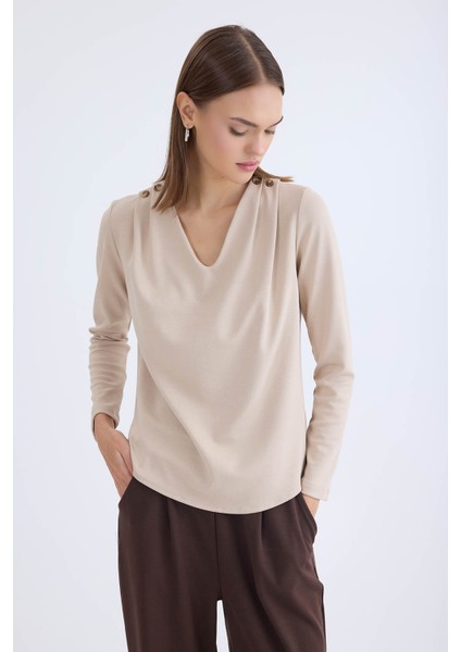 V Yaka Omuzu Düğmeli Uzun Kol Bluz fırsatları