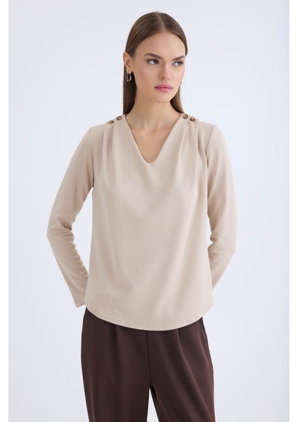 V Yaka Omuzu Düğmeli Uzun Kol Bluz indirimleri