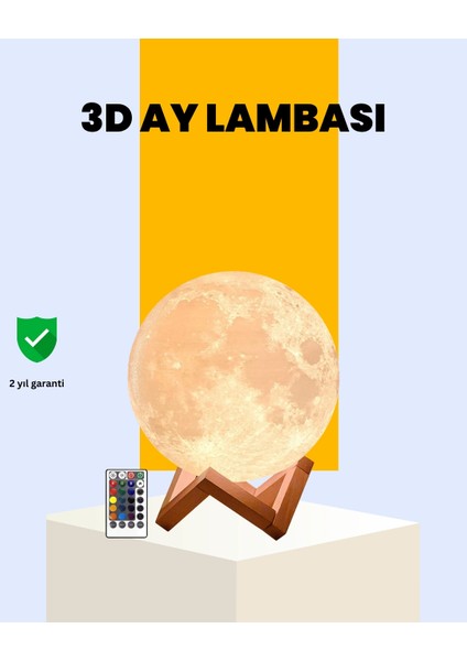 Şarjlı 3D Baskılı 16 Renk Ay Lambası Ahşap Stand ve Uzaktan Kumanda