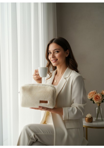 Krem Yumuşak Peluş Makyaj Çantası – Kadınlar İçin Büyük Boy XL Seyahat Kozmetik Düzenleyici, Çok Amaçlı Kaliteli Astar