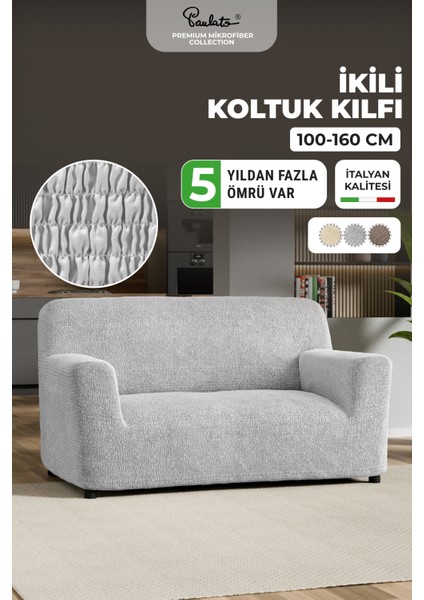Lastikli Esnek ve Yıkanabilir Piliseli Açık Gri 2 Kişilik Koltuk Örtüsü
