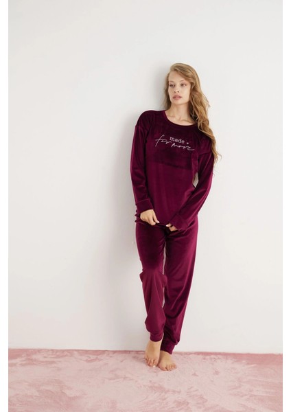 Kadın Yumuşak Kadife Mürdüm Pijama Takımı
