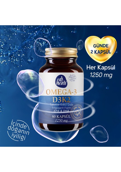 Dr.Henri Balık Yağı Içeren Omega-3 D3 & K2 Vitamin 60 Kapsül Takviye Edici Gıda 9 modelleri
