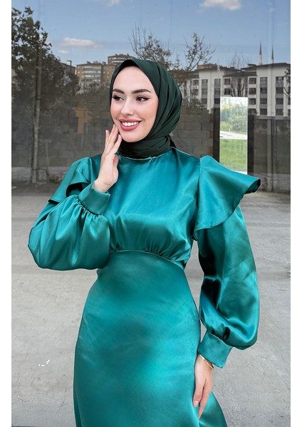 Eliza Saten Abiye Elbise 4661-03 Zümrüt Yeşili modelleri