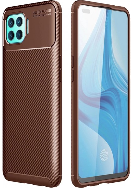 Oppo Reno 4 Lite Kılıf Auto Focus Karbon Kapak - Kahverengi (K95)