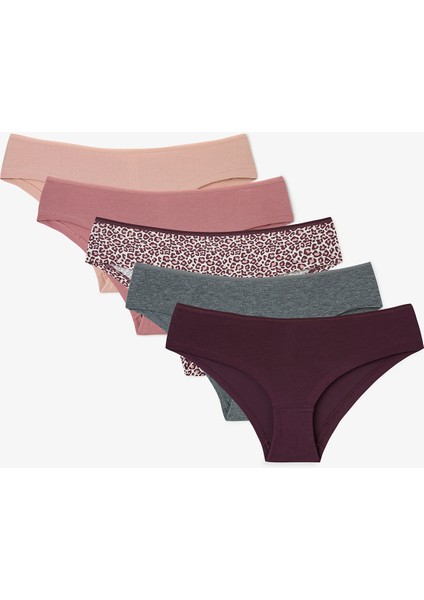 Leopar ve Çiçek Desenli Düşük Bel 5'li Hipster Külot