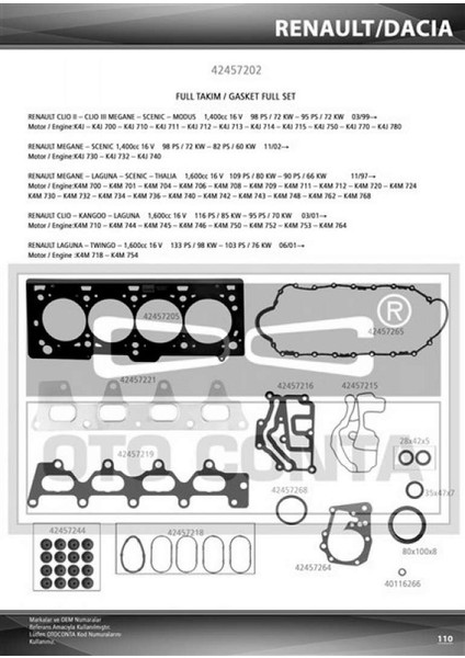 Mtxdpn Motor Full Takim Conta Keçeli Renault Megane 1.4-1.6 16V