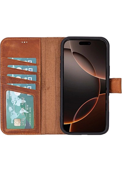 Apple iPhone 16 Pro Max Uyumlu, Hakiki Deri, El Yapımı, Cüzdanlı Kılıf, Karamel fırsatları