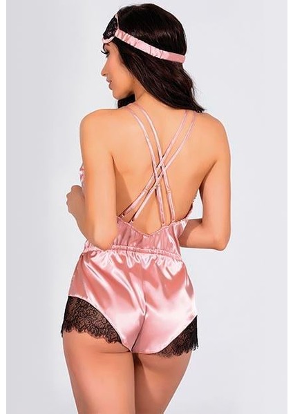 Pembe Dantelli Sırtı Çapraz Saten Şort Tulum fiyatları