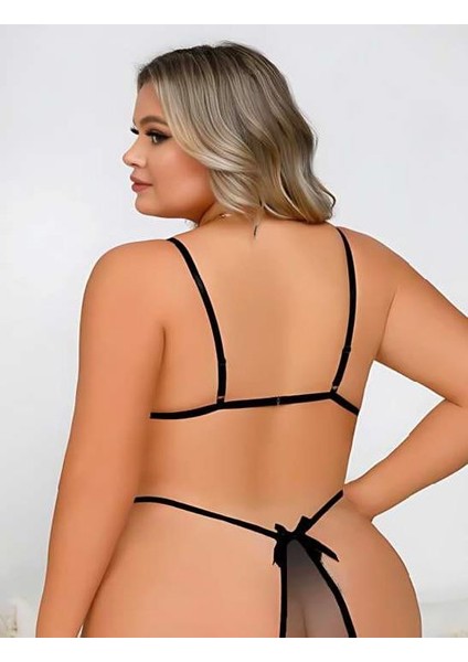 Büyük Beden Siyah Dantel Işlemeli Dekolteli Fantezi Babydoll fiyatları