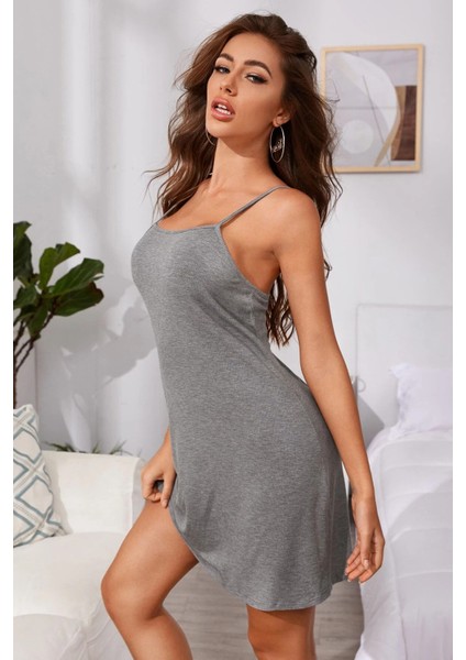 Kadın Gri Ip Askılı Penye Gecelik