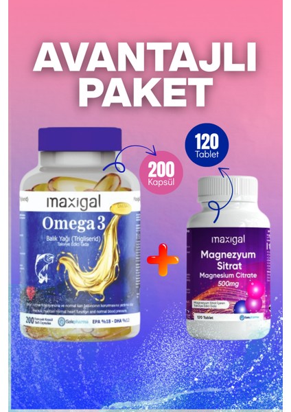 Omega 3 Balık Yağı 200 Kapsül + Magnezyum Sitrat Avantajlı Paket