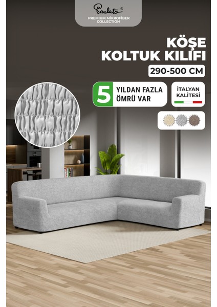 Lastikli Esnek ve Yıkanabilir Piliseli Açık Gri Köşe Koltuk Kılıfı