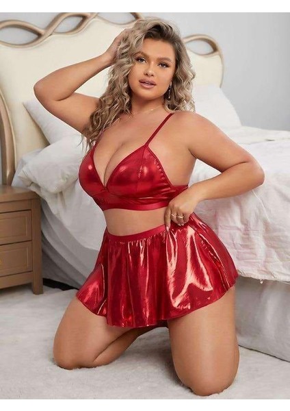 Büyük Beden Kırmızı Deri Etekli Fantezi Kostüm