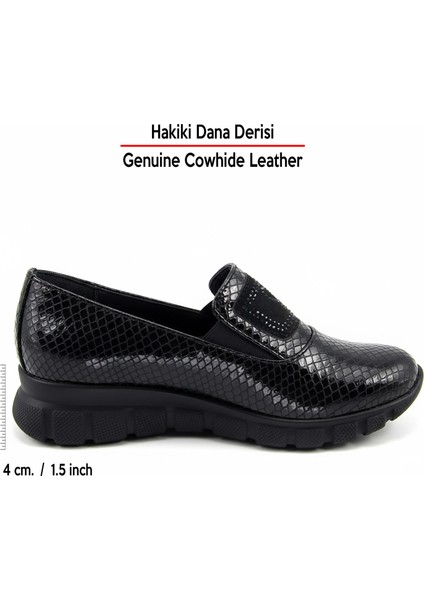Morena Siyah Yılan Hakiki Dana Derisi Taşlı Günlük Ayakkabı