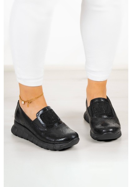 Morena Siyah Yılan Hakiki Dana Derisi Taşlı Günlük Ayakkabı