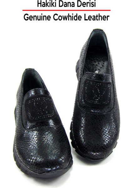 Morena Siyah Yılan Hakiki Dana Derisi Taşlı Günlük Ayakkabı