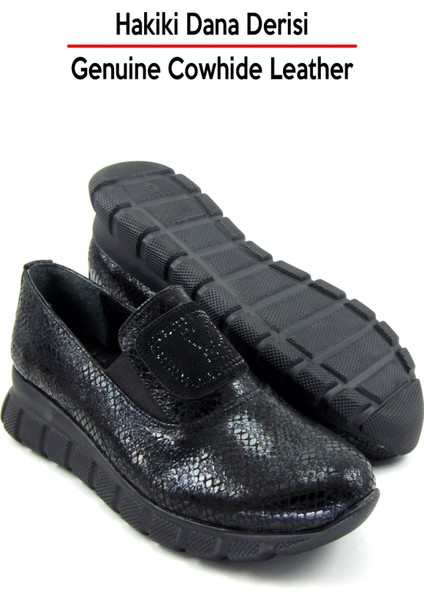 Morena Siyah Yılan Hakiki Dana Derisi Taşlı Günlük Ayakkabı