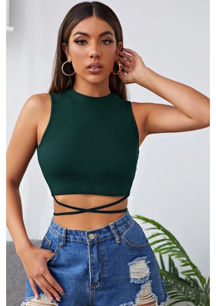 Kadın Yeşil Çapraz Bağlamalı Crop Top Büstiyer