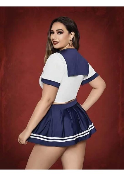 Büyük Beden Lacivert Mini Etekli Fantezi Denizci Kostümü fiyatları