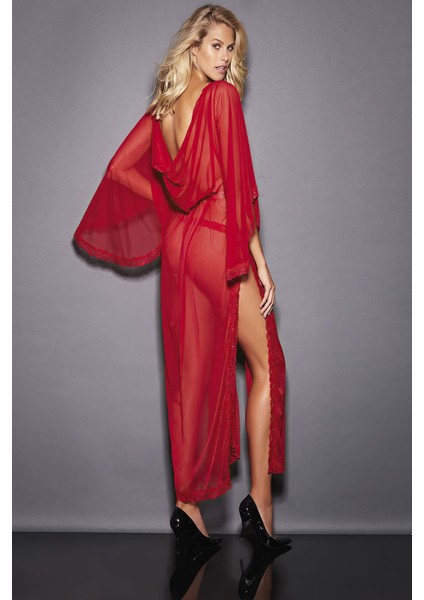 Kırmızı Dantel Işlemeli Yırtmaçlı Tül Uzun Fantezi Gecelik fiyatları