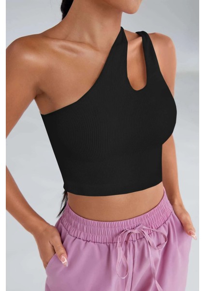 Kadın Siyah Tek Omuz Cut Out Detaylı Crop Top Bluz