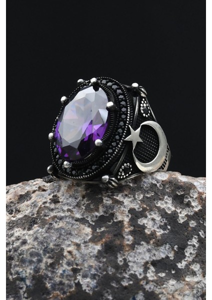 Ay Yıldızlı - Ay Yıldız Ametist Taşlı 925 Ayar Gümüş Erkek Yüzük 902349