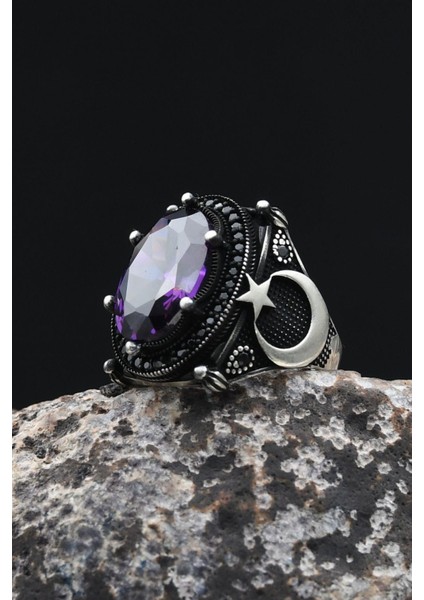 Ay Yıldızlı - Ay Yıldız Ametist Taşlı 925 Ayar Gümüş Erkek Yüzük 902349 fiyatları