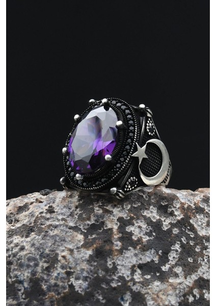 Ay Yıldızlı - Ay Yıldız Ametist Taşlı 925 Ayar Gümüş Erkek Yüzük 902349 modelleri