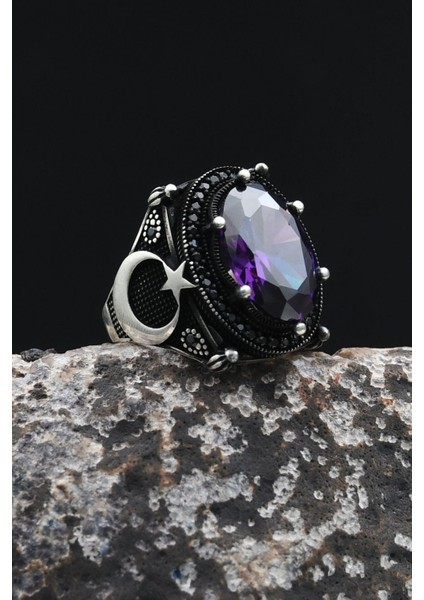 Ay Yıldızlı - Ay Yıldız Ametist Taşlı 925 Ayar Gümüş Erkek Yüzük 902349 fırsatları