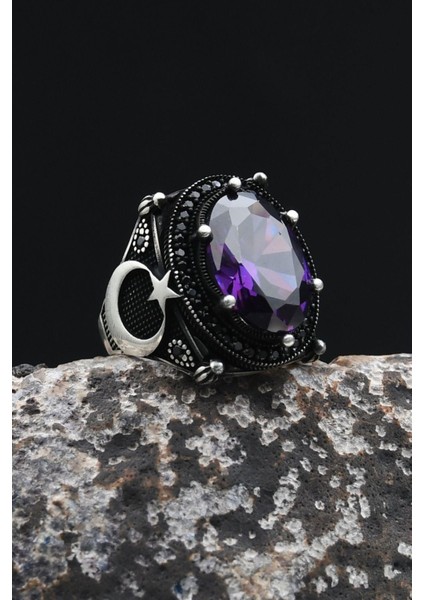 Ay Yıldızlı - Ay Yıldız Ametist Taşlı 925 Ayar Gümüş Erkek Yüzük 902349 indirimleri