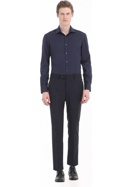 Lacivert Düz Regular Fit Dokuma Klasik Pamuk Karışımlı Gömlek