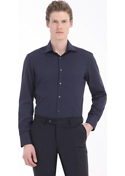 Lacivert Düz Regular Fit Dokuma Klasik Pamuk Karışımlı Gömlek fiyatları