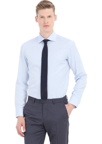 Açık Mavi Düz Slim Fit Dokuma Klasik Pamuk Karışımlı Gömlek fiyatları
