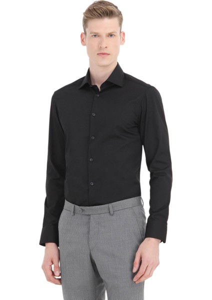 Siyah Düz Slim Fit Dokuma Klasik Pamuk Karışımlı Gömlek fiyatları