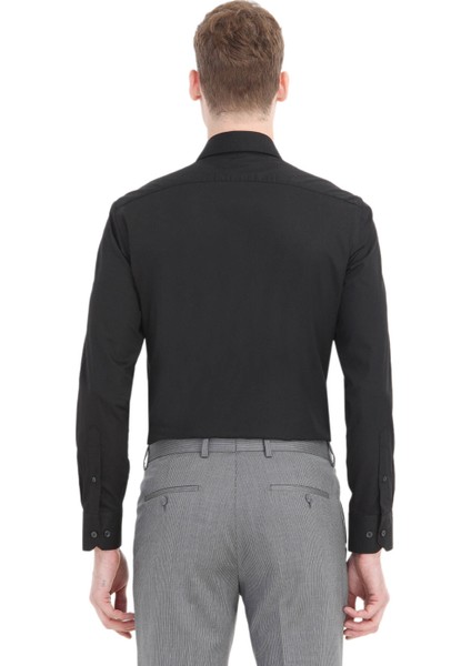 Siyah Düz Slim Fit Dokuma Klasik Pamuk Karışımlı Gömlek fırsatları