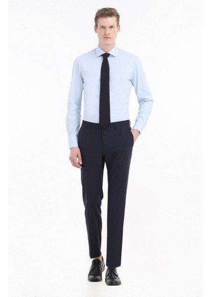 Mavi Düz Slim Fit Dokuma Klasik Pamuk Karışımlı Gömlek