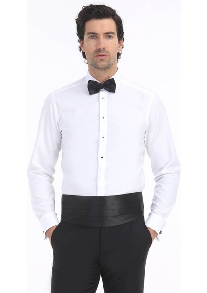 Beyaz Düz Slim Fit Duble Manşet Klasik Yaka Smokin Gömlek